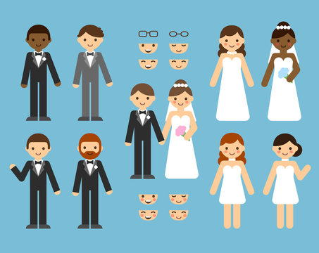 A cute cartoon wedding couple constructor set. Different clothes, skin tones, hair styles, poses to mix and match.