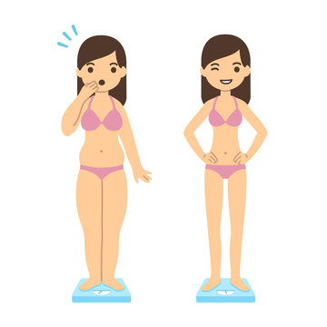 Cute cartoon woman in underwear with two body types (chubby and slim) weighing herself on a scale. Weight loss before and after illustration.