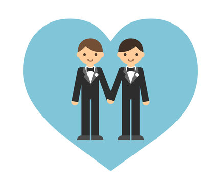 Cute cartoon gay couple in wedding tuxedos holding hands inside a heart shape.