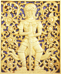 Ancient golden carving wooden window of Thai temple ; Vintage Th