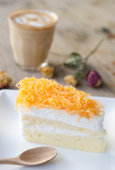 Thai dessert, Foythong Cake or Gold Egg Yolks Thread and hot cof