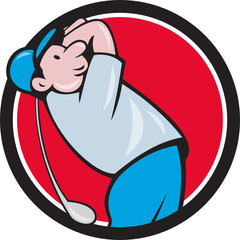 Golfer Swinging Club Circle Cartoon