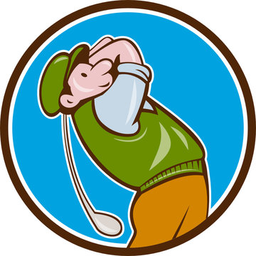 Vintage Golfer Swinging Club Teeing Off Circle