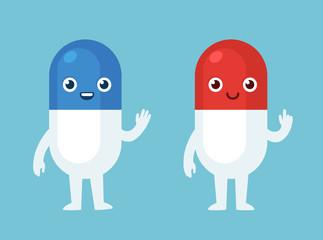 Cute cartoon character, medicine pill shaped pharmacy mascot. Two color variants vith different expressions and postures.