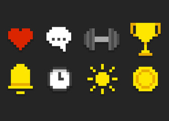 Pixel icons for app, web or video game interface. Health and activity, alarm and notification and emore.