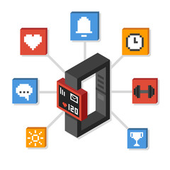 Stylized isometric smartwatch or fitness tracker surrounded by pixel icons illustrating its functions: health monitoring, alarm and notification, exercise and more.