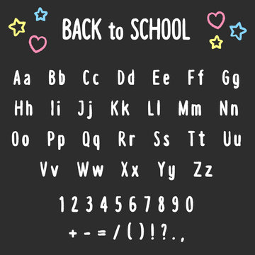 Chalk board doodles: hand drawn English alphabet, numbers, punctuation, along with the words "Back to school" and cute little drawings.