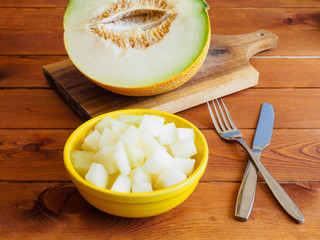 Chopped fresh melon in a yellow bowl