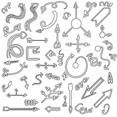 Set of outline, universal arrows symbols, thin, black on white b