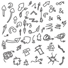 Set of outline, universal arrows symbols, thin, black on white background.