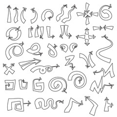 Set of outline, universal arrows symbols, thin, black on white b
