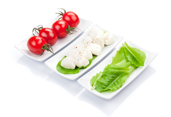 Tomatoes, mozzarella and green salad leaves