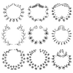 Set of 9 hand-draw vector victory laurel wreaths for stationary.