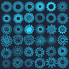 Solar ethnicity stylized symbols. Light blue logos like elements