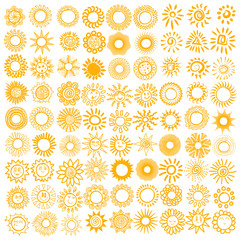 Orange Sun icons. The sun sets straight, florid and twisted rays