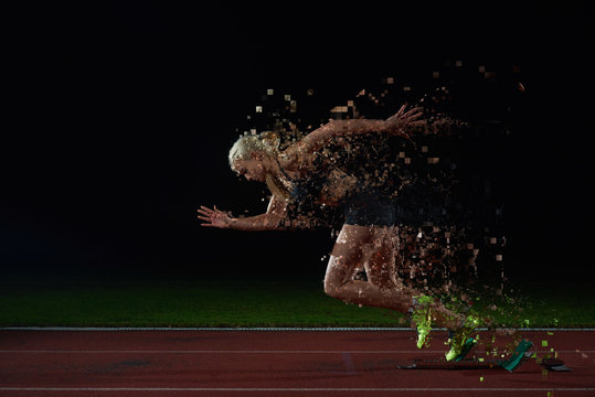 pixelated design of woman  sprinter leaving starting blocks