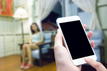 woman hand hold and touch screen smart phone