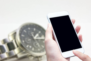 woman hand hold and touch screen smart phone