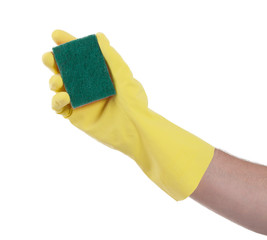 Mans hand in rubber glove with sponge isolated