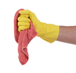 Hand wearing rubber glove and hold rag(mop)