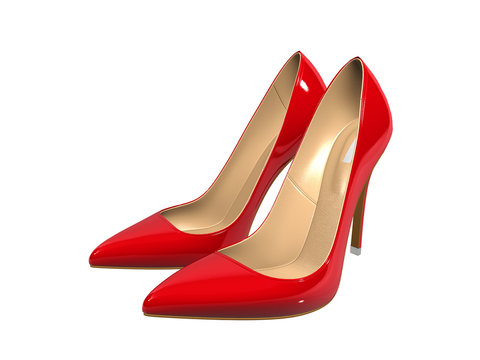 Female red high-heeled shoes over white background