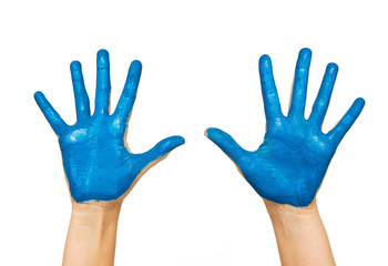 human hands painted with blue color