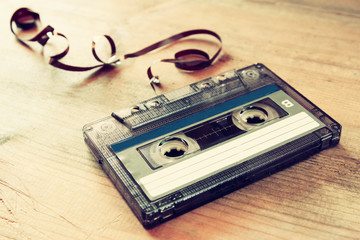 close up photo of stack of Cassette tapes . retro style image
