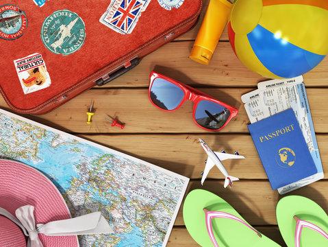 Travel concept. Snglasses, world map, beach shoes, sunscreen, pa
