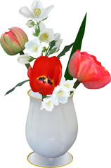 red tulip and jasmine flowers in vase