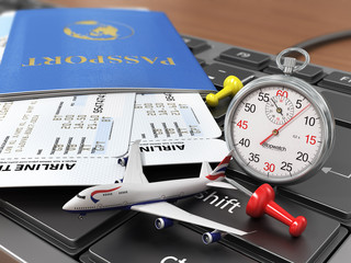 Travel concept. Passports, airline tickets, stopwatch and airpla