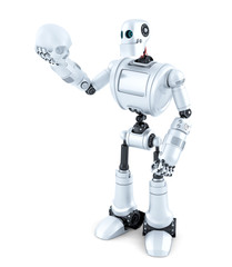 Robotic holding a human skull. Isolated. Contains clipping path
