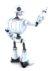 Robot pointing at invisible object. Side view. Isolated. Contains clipping path