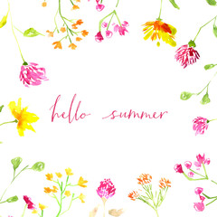 Hello summer text with hand painted watercolor flowers and