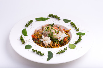 Spaghetti Pad Ki Mau, (spicy spaghetti with Thai sauce )