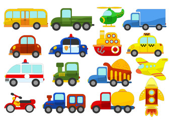 Set of different cars on white background