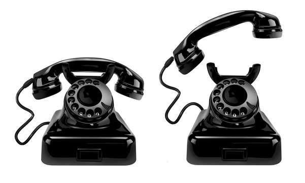 Black retro phone with raised handset, isolate