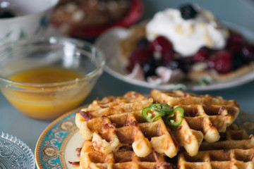 Gourmet breakfast and brunch setting with savory waffles and pan