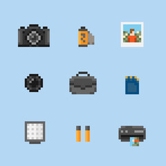 Photography icon set, vector pixel art.
