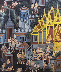Thai mural painting of the life of Buddha on temple wall, Thailand © boonsom