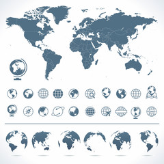 Fototapeta na wymiar World Map, Globes Icons and Symbols - Illustration.Vector set of world map and globes. 