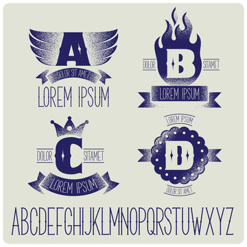 Set of heraldic logo with gothic font. ABCD