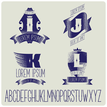 Set of heraldic logo with gothic font. IJKL