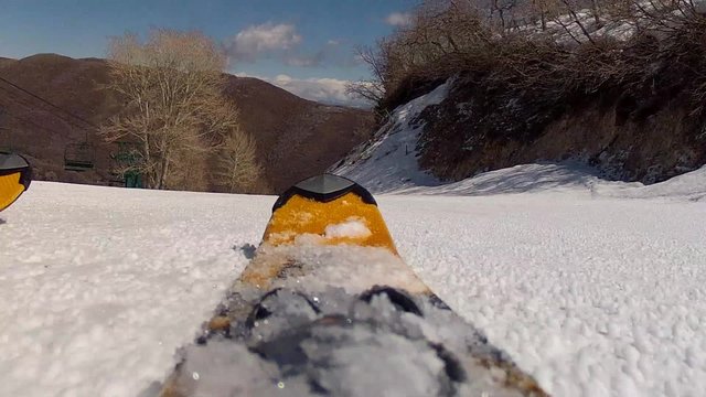 skis going across spring snow