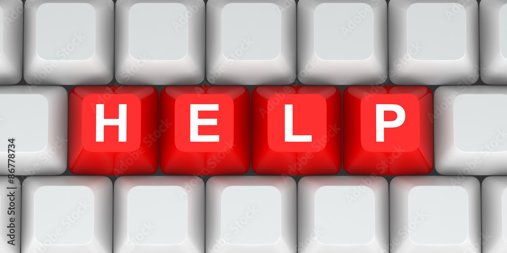 Poster the red button help of computer keyboard. 3d illustration