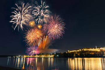 View on cityscape and colorful fireworks in Belgrade