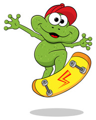 Cartoon Frosch springt mit einem Skateborard