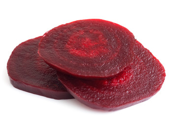 Sliced cooked beetroot isolated on white.