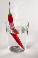 spicy red chilli into water glass and smokeon white background