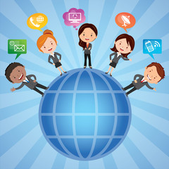 Social network. Group of International business people with chat or thinking bubbles. 