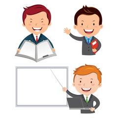 Businessman. Vector illustration of Businessman or Marketing Executive showing success report, holding a laptop and pointing at Presentation Board.